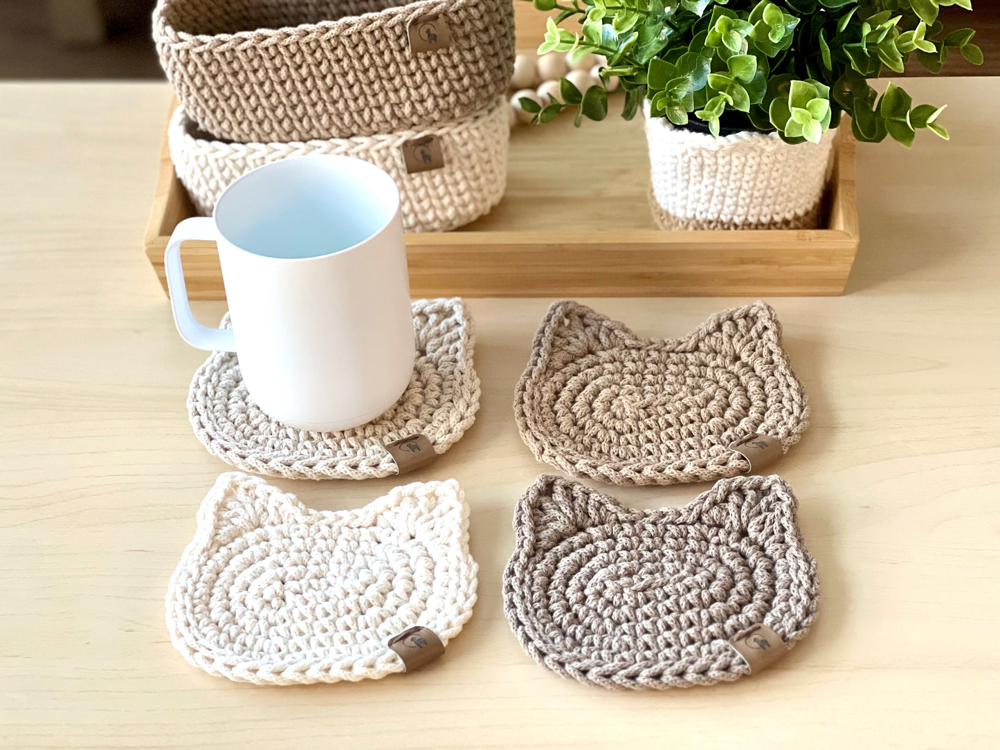 Cat in Basket Coaster Set Crochet Pattern + Video Tutorial - Instant Download PDF