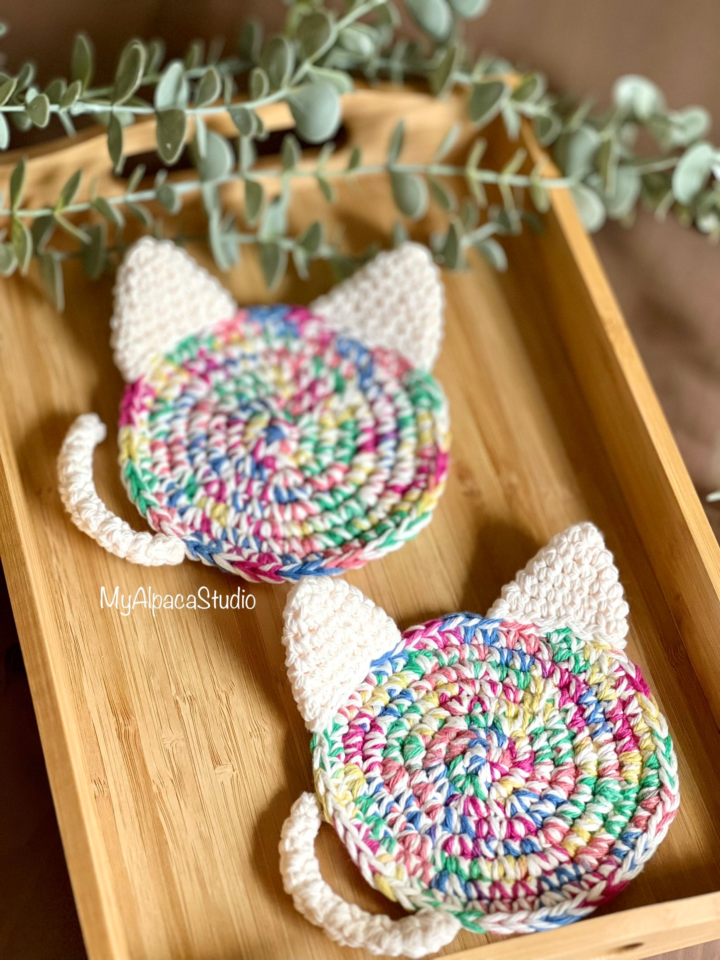 Hand-crocheted Rainbow Cat Coasters - Set of 2