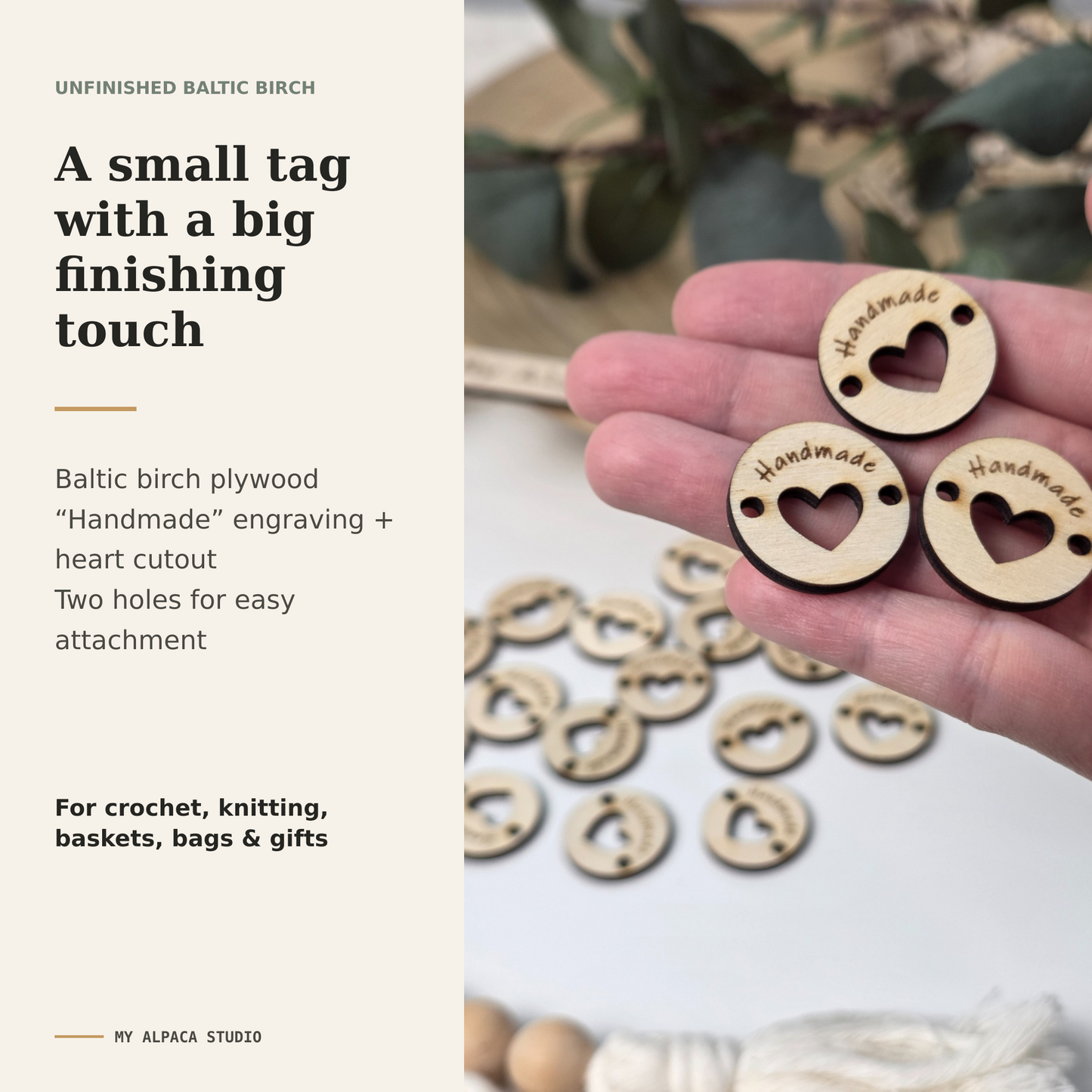 Round Wooden “Handmade” Tags with Heart