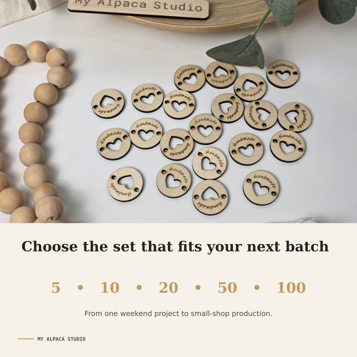 Round Wooden “Handmade” Tags with Heart