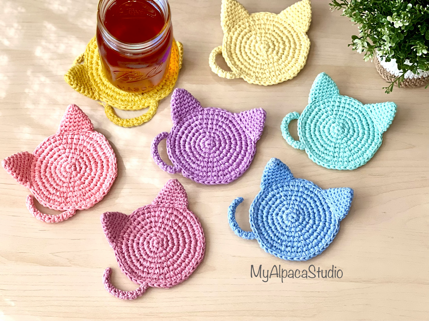 Hand-crocheted Pastel Cat Coasters - Set of 2