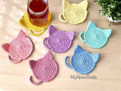 Hand-crocheted Pastel Cat Coasters - Set of 2