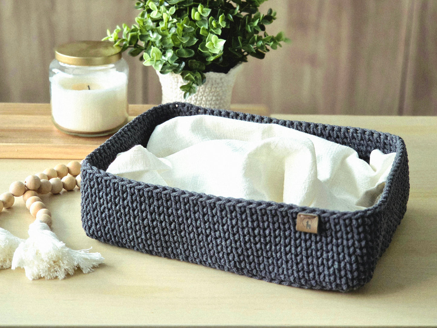 Rectangular Crochet Basket (Large or Small) - Cotton Storage Tray for Shelves & Desks