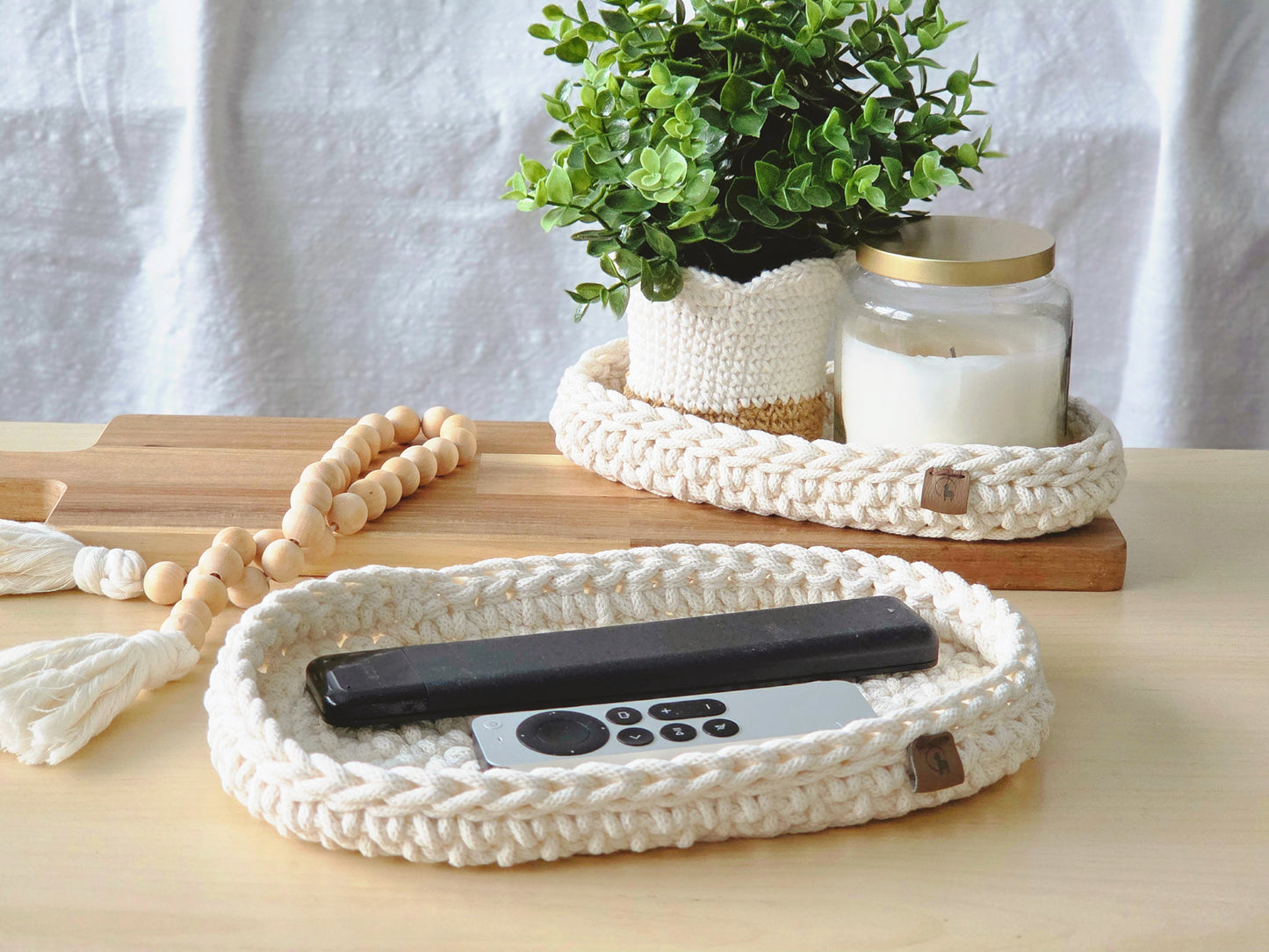 Oval Crochet Tray Set (Small & Large) - Cotton Storage Trays for Home Organization