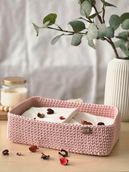 Rectangular Crochet Basket (Large or Small) - Cotton Storage Tray for Shelves & Desks