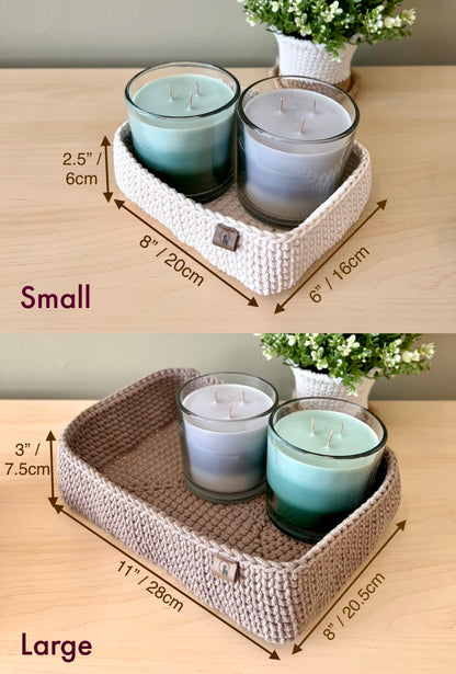 Rectangular Crochet Basket (Large or Small) - Cotton Storage Tray for Shelves & Desks