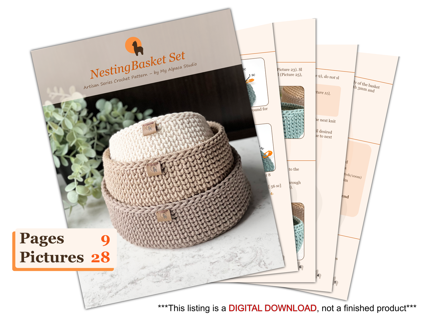 Round Nesting Basket in 3 sizes Crochet Pattern - Instant Download PDF