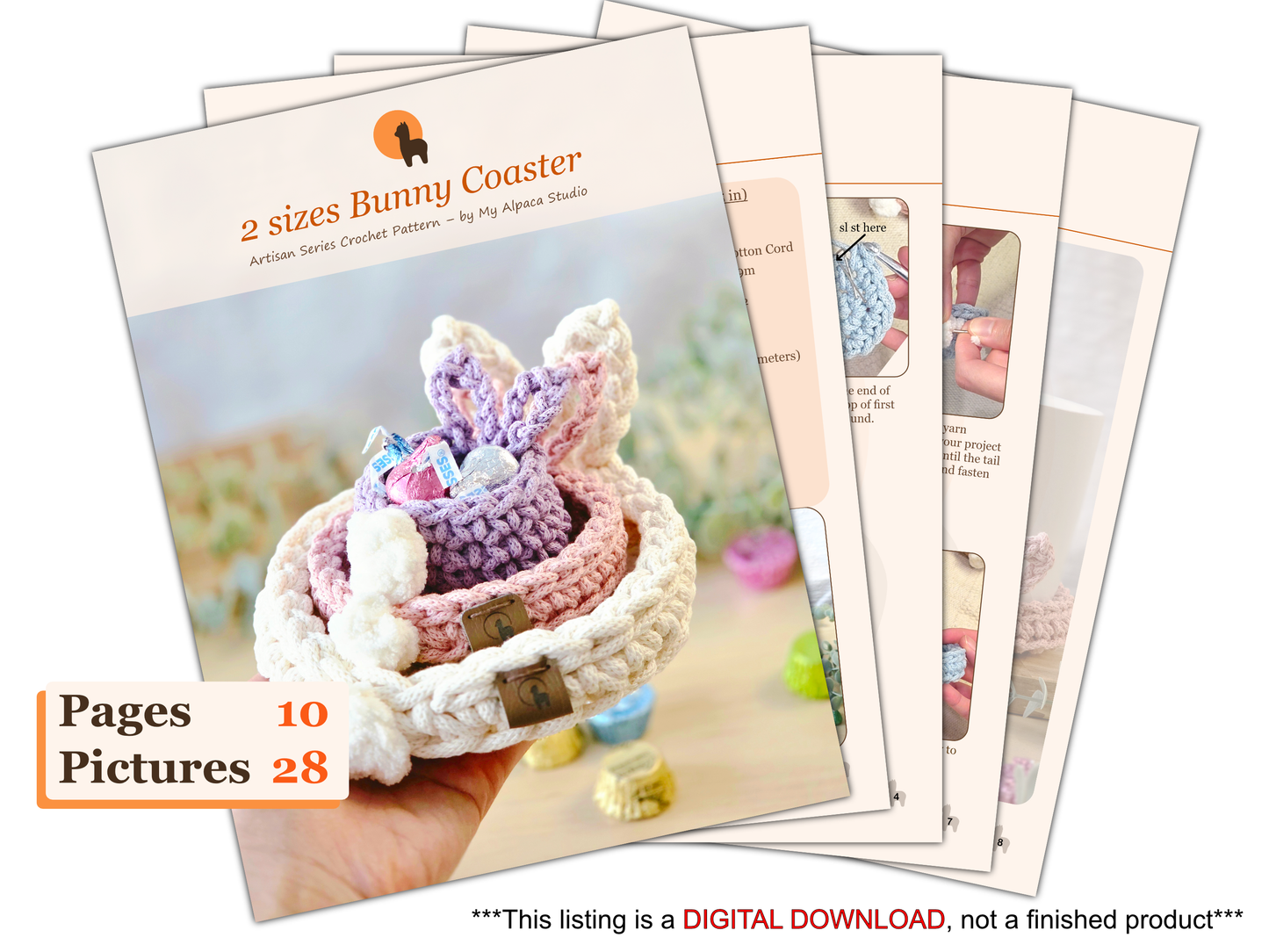 Bunny Coaster in 2 sizes Crochet Pattern PDF + Video Tutorial