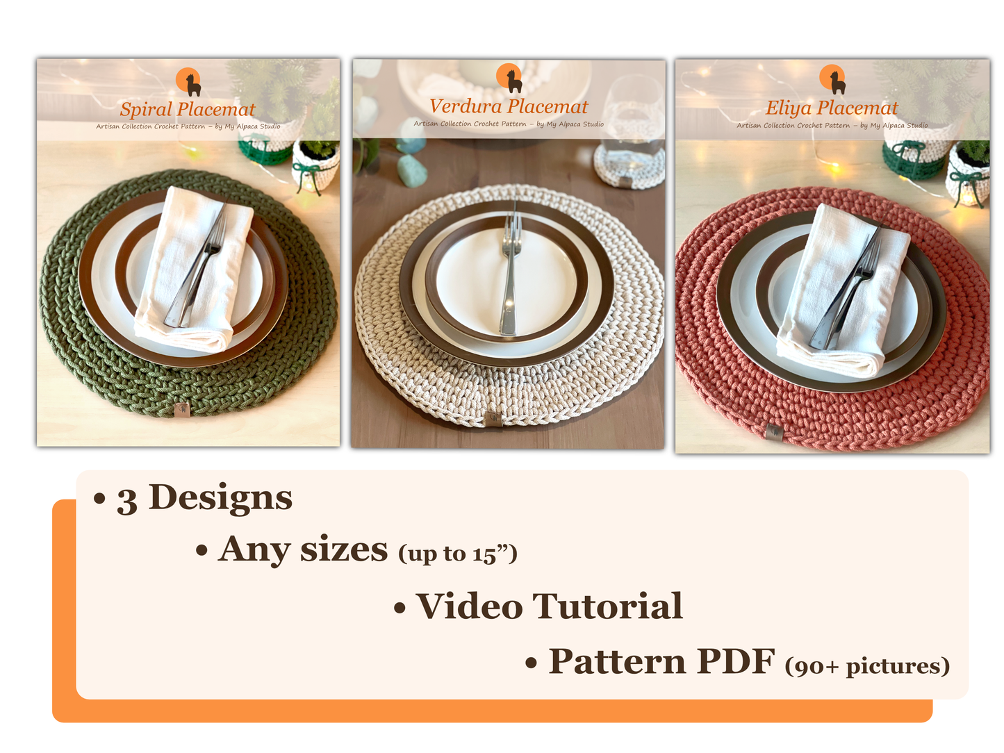 Round Placemat in 3 designs Crochet Pattern PDF + Video Tutorial