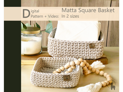 Matta Square Basket in 2 sizes (6" &  8") Crochet Pattern - Instant Download PDF + VIDEO
