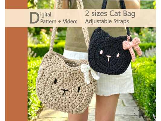 2 Sizes Cat Bag Crochet Pattern with Adjustable Handle (Digital Download & Video Tutorial)