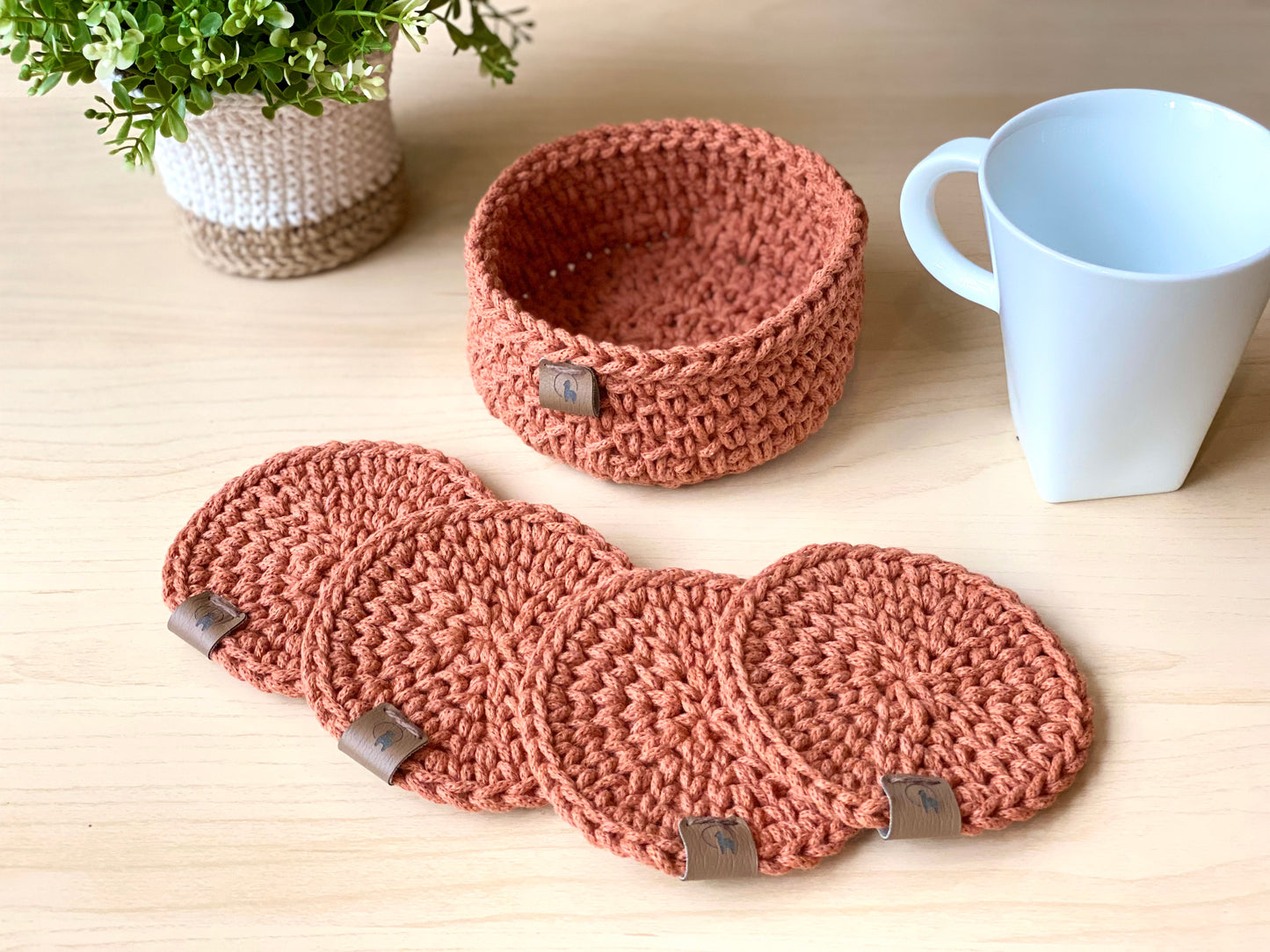 Hand-crocheted Coasters & Holder - Set of 4, 6, or 8
