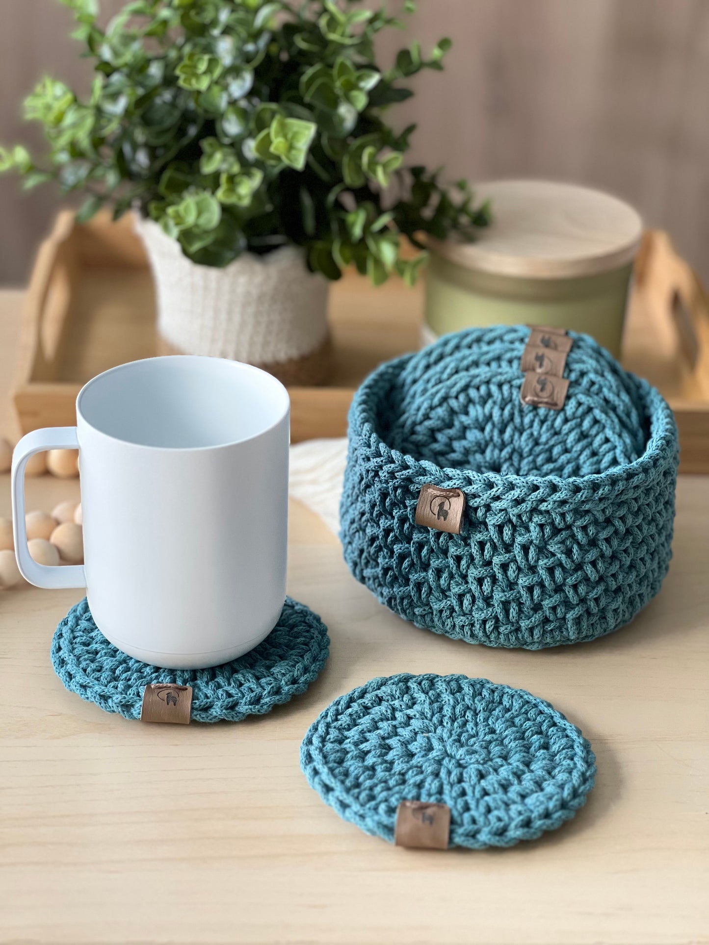 Hand-crocheted Coasters & Holder - Set of 4, 6, or 8
