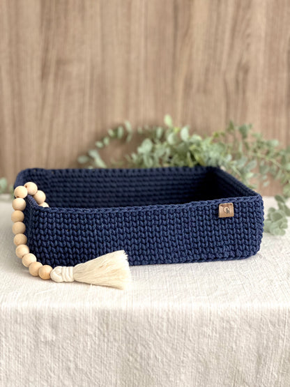 Rectangular Crochet Basket (Large or Small) - Cotton Storage Tray for Shelves & Desks