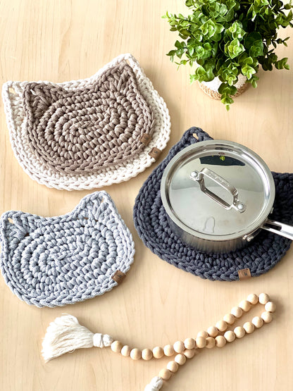 Crochet Cat Hot Pad - Thick Cotton Trivet & Heat Resistant Pot Holder (2 sizes Options)