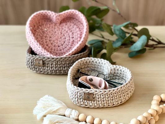 Heart Shaped Cotton Storage Basket - Hand-Crocheted