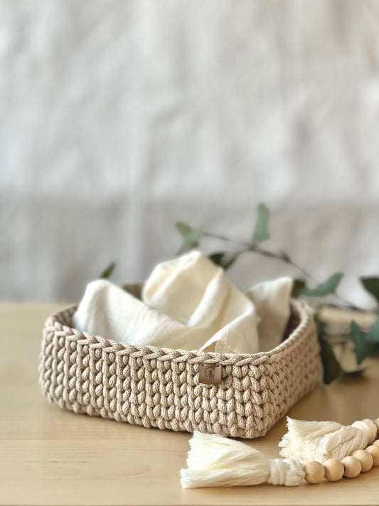 8" Square Crochet Basket - Cotton Napkin Holder & Catch-all Tray