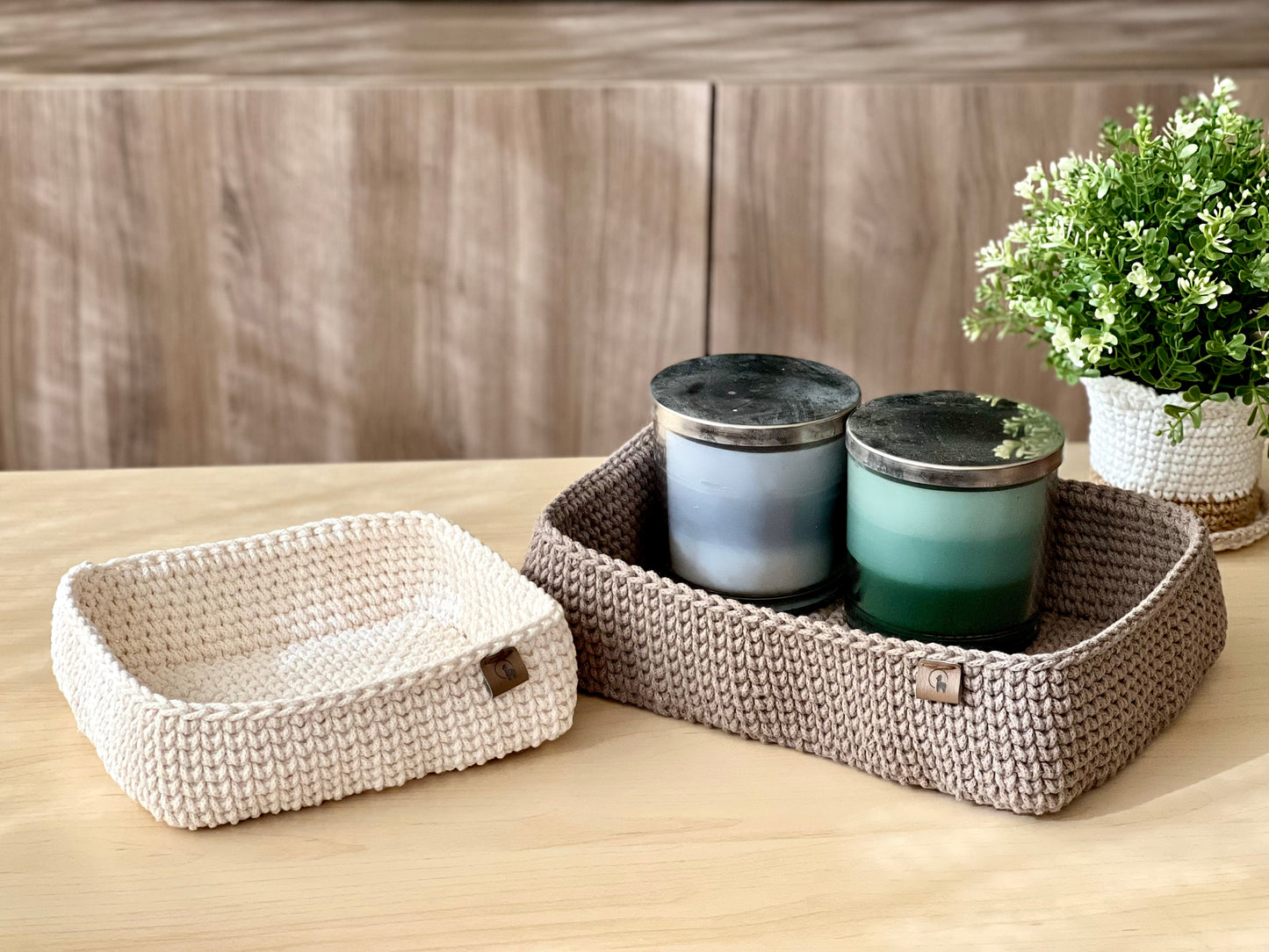 Rectangular Crochet Basket (Large or Small) - Cotton Storage Tray for Shelves & Desks