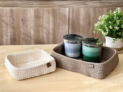Rectangular Crochet Basket (Large or Small) - Cotton Storage Tray for Shelves & Desks