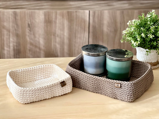 Rectangular Crochet Basket (Large or Small) - Cotton Storage Tray for Shelves & Desks