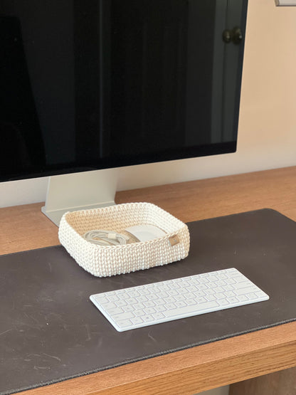 Rectangular Crochet Basket (Large or Small) - Cotton Storage Tray for Shelves & Desks