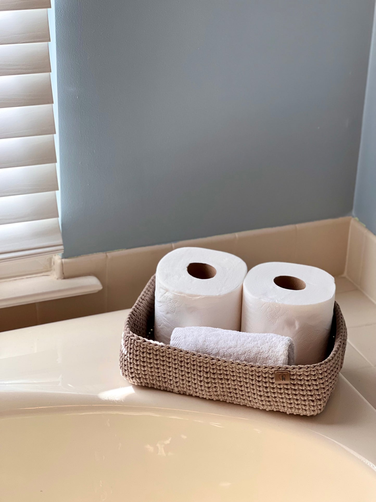 Rectangular Crochet Basket (Large or Small) - Cotton Storage Tray for Shelves & Desks