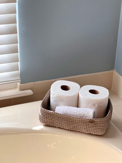 Rectangular Crochet Basket (Large or Small) - Cotton Storage Tray for Shelves & Desks