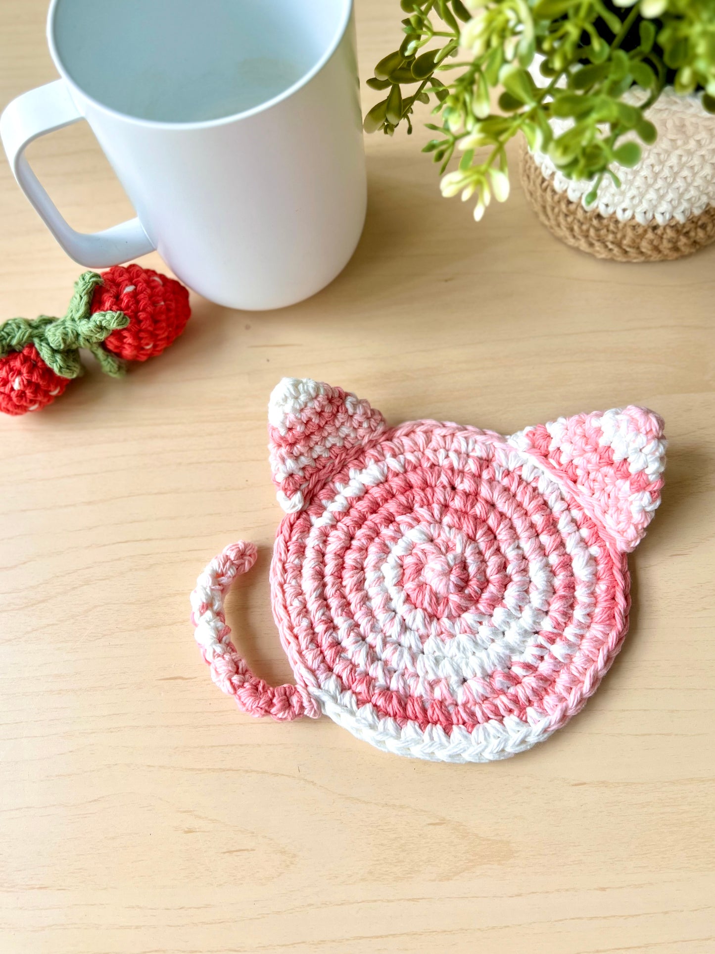 Hand-crocheted Strawberry Cat Coasters - Set of 2