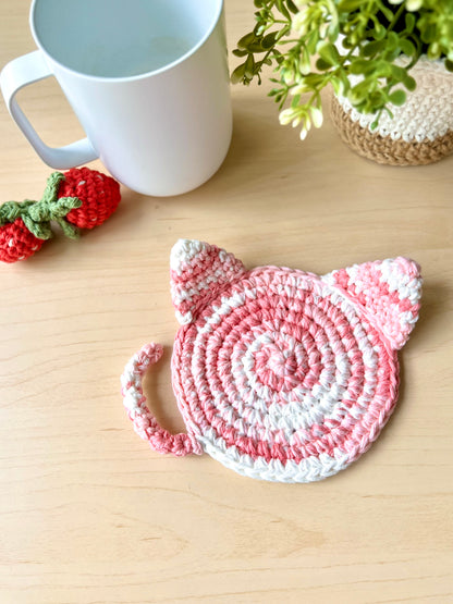 Hand-crocheted Strawberry Cat Coasters - Set of 2