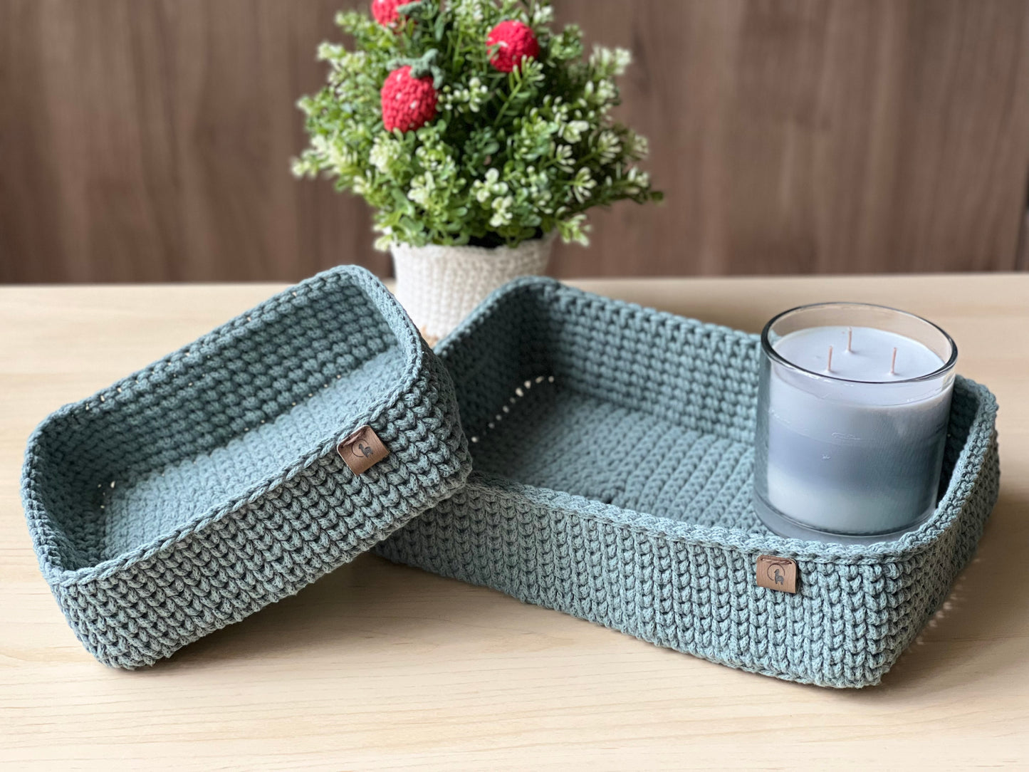 Rectangular Crochet Basket (Large or Small) - Cotton Storage Tray for Shelves & Desks