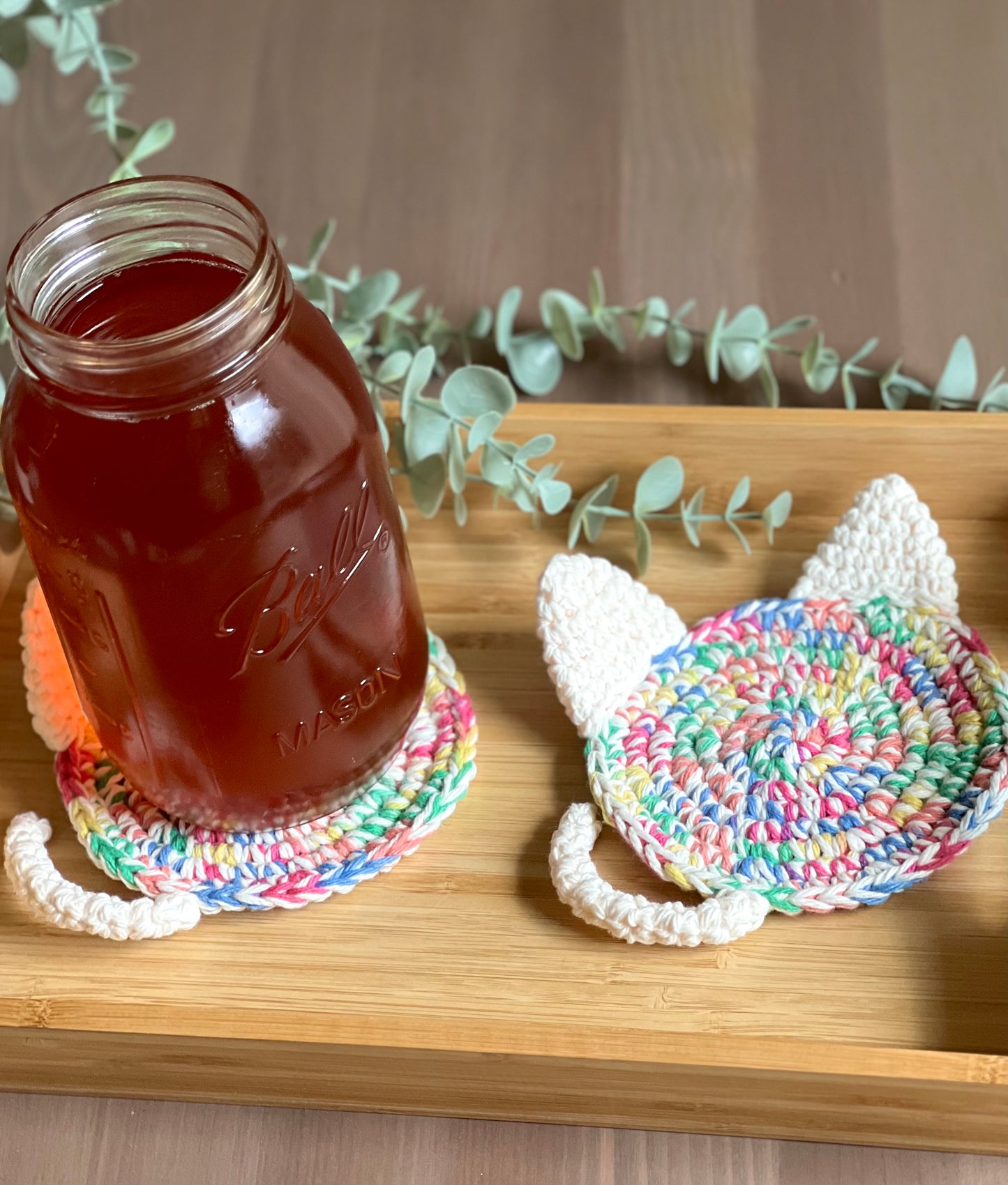 Hand-crocheted Rainbow Cat Coasters - Set of 2