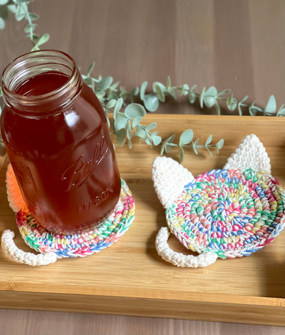 Hand-crocheted Rainbow Cat Coasters - Set of 2