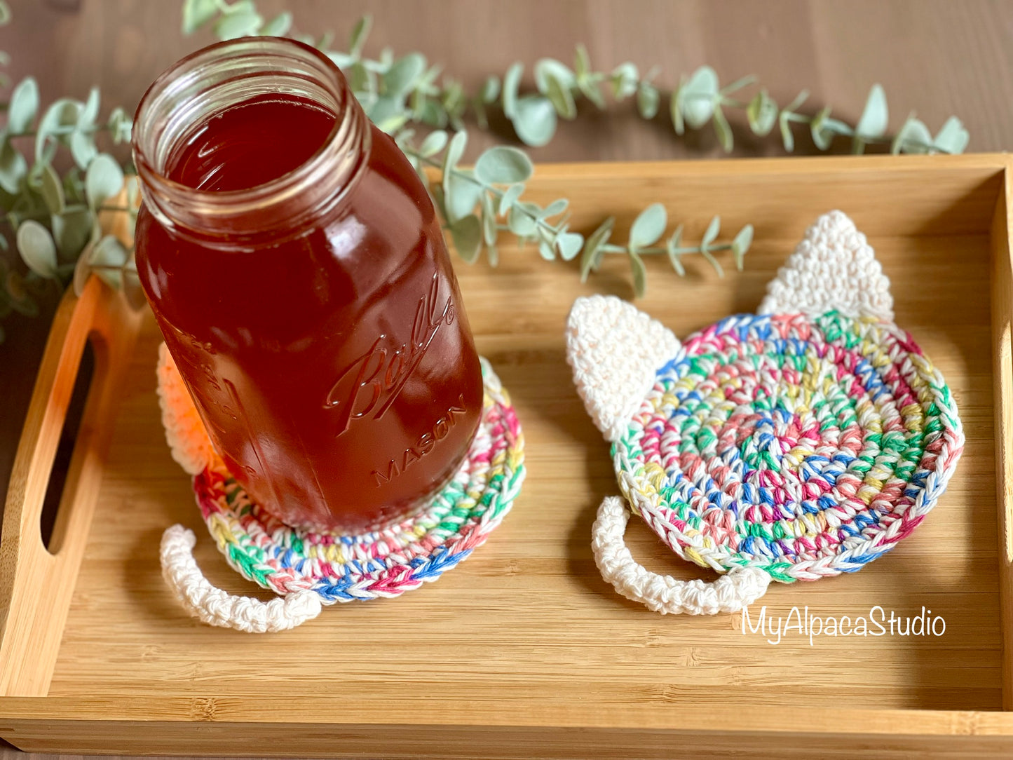 Hand-crocheted Rainbow Cat Coasters - Set of 2