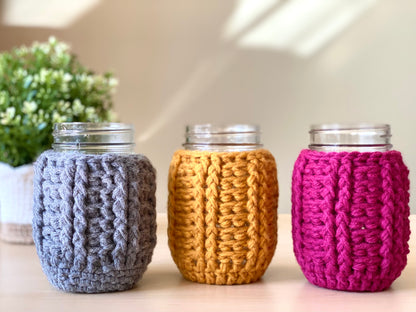 Mason Jar Cozy in 2 sizes Crochet Pattern - Instant Download PDF