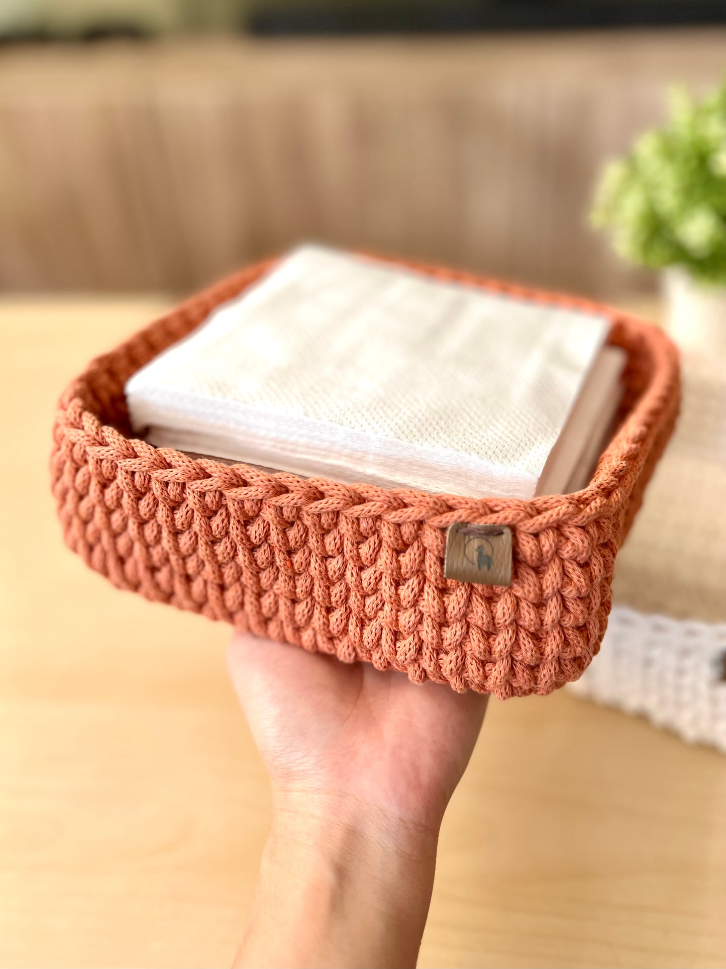 8" Square Crochet Basket - Cotton Napkin Holder & Catch-all Tray