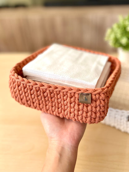 8" Square Crochet Basket - Cotton Napkin Holder & Catch-all Tray