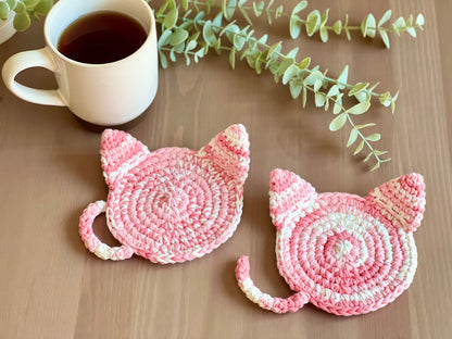 Hand-crocheted Strawberry Cat Coasters - Set of 2