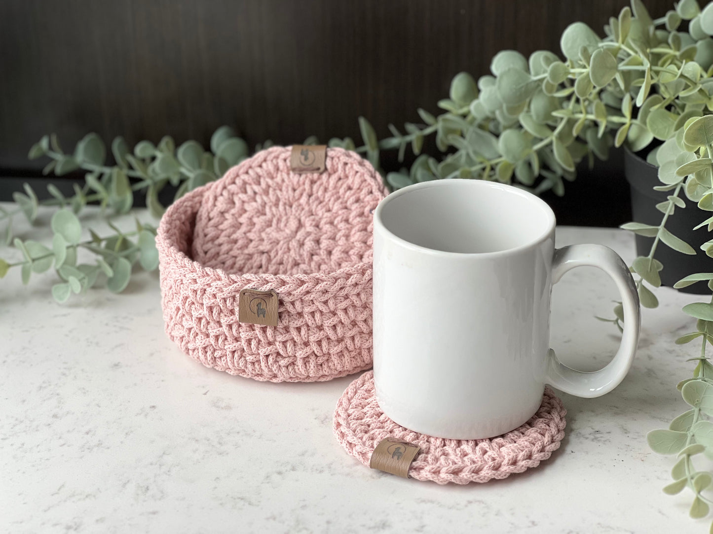 Hand-crocheted Coasters & Holder - Set of 4, 6, or 8