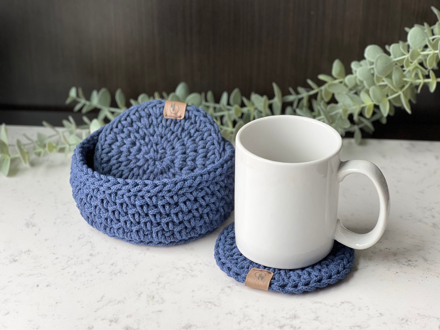Hand-crocheted Coasters & Holder - Set of 4, 6, or 8