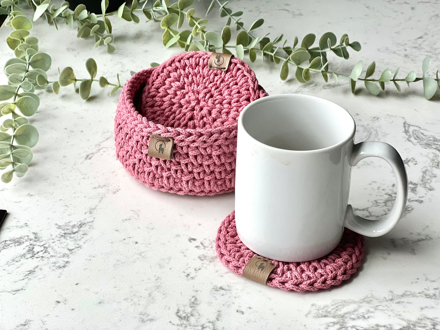 Hand-crocheted Coasters & Holder - Set of 4, 6, or 8