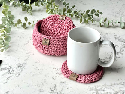 Hand-crocheted Coasters & Holder - Set of 4, 6, or 8