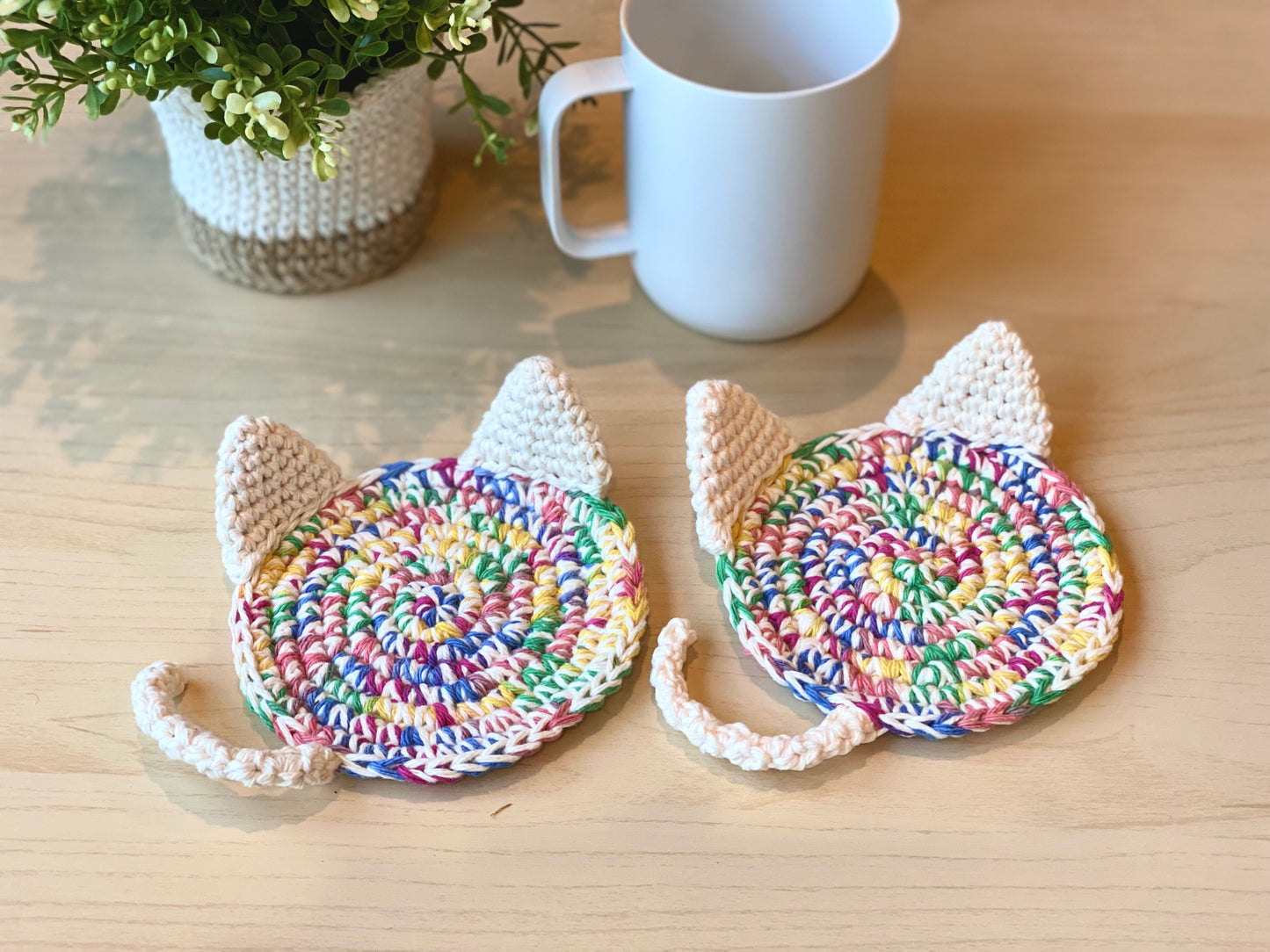 Hand-crocheted Rainbow Cat Coasters - Set of 2