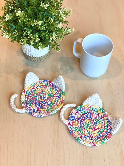 Hand-crocheted Rainbow Cat Coasters - Set of 2