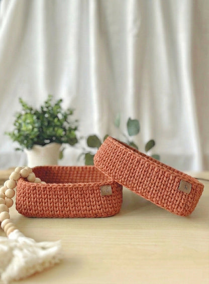 Rectangular Crochet Basket (Large or Small) - Cotton Storage Tray for Shelves & Desks