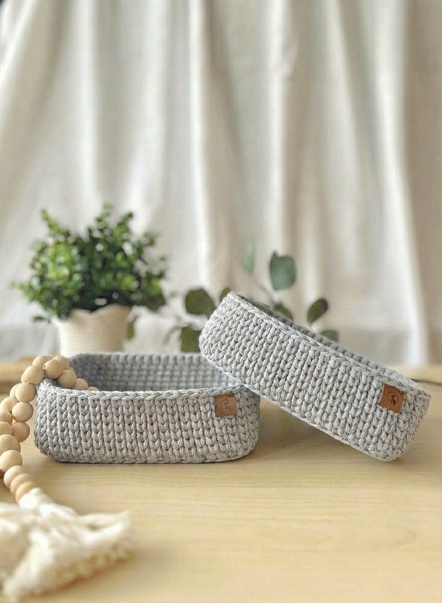 Rectangular Crochet Basket (Large or Small) - Cotton Storage Tray for Shelves & Desks