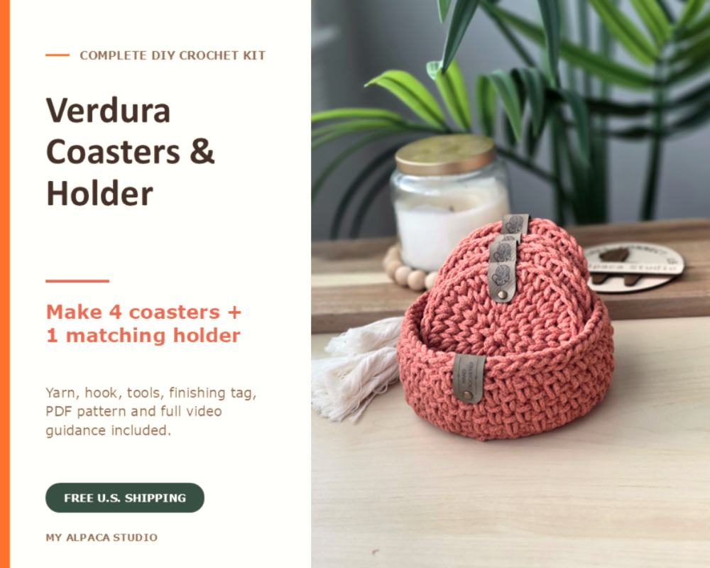 Promotional graphic for a DIY crochet kit titled 'Verdura Coasters & Holder' by My Alpaca Studio. The left side features text detailing the contents: 4 crocheted coasters and 1 matching holder.