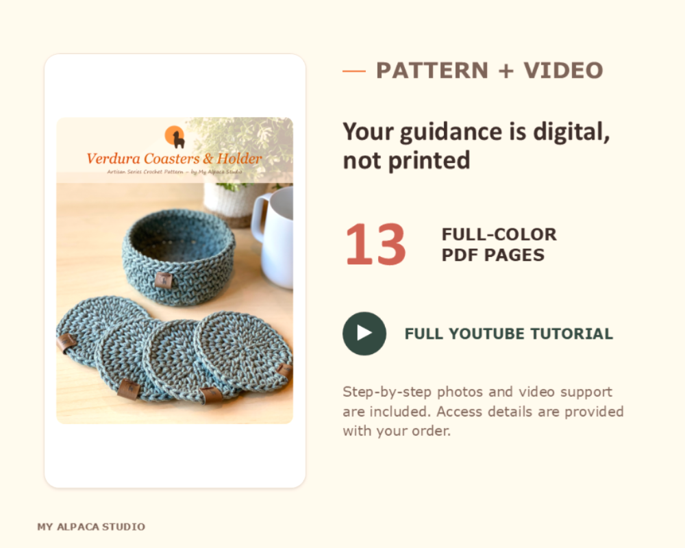 Promotional graphic for a digital product listing, showing a framed preview of a crochet coaster and holder set with the brand name Verdura Coasters & Holder. The right side contains text reading 'PATTERN + VIDEO', 'Your guidance is digital, not printed', '13 FULL-COLOR PDF PAGES', and 'FULL YOUTUBE TUTORIAL' on a warm cream background.
