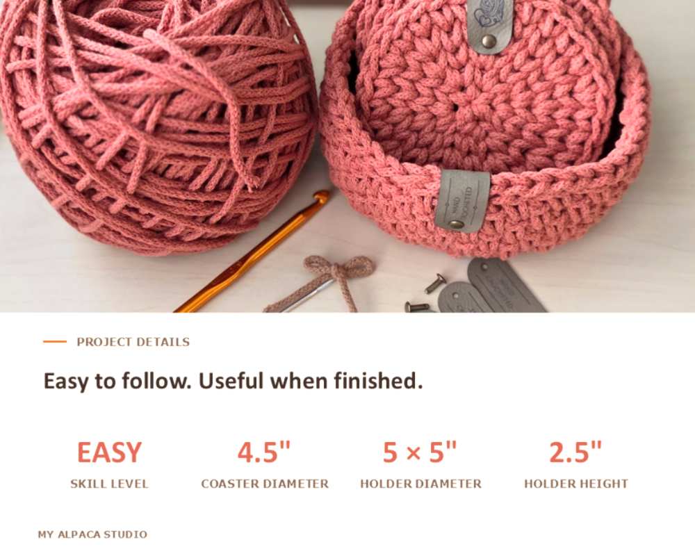 A crocheted coaster and basket shown alongside balls of matching yarn, a crochet hook, and metal hardware on a white background, with text below detailing project measurements and difficulty.