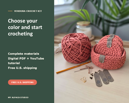 Promotional graphic for the Verdura Crochet Kit by My Alpaca Studio, featuring a dark green text panel on the left and a styled flat-lay of crochet materials on a light wood surface on the right, including a coral-pink yarn ball, crocheted basket, crochet hook, and metal clips.
