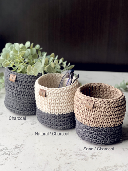 Hand-Crocheted Storage Basket (4.5")- Minimalist Two Tone Organizer